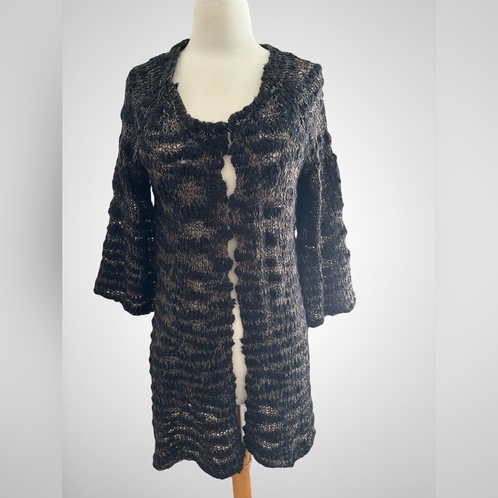 Studio M, Long Knit Cardigan Sweater, Size Small, Black w/ Hints of Beige